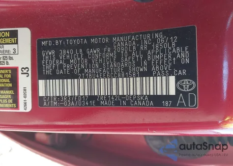 2012 Toyota Corolla S из США, поврежденный, VIN 2T1BU4EE6CC881581